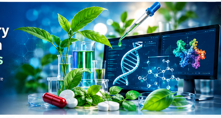 CCBS computational and biological sciences visual featuring plant science, pharmaceuticals, genomics and computational analysis